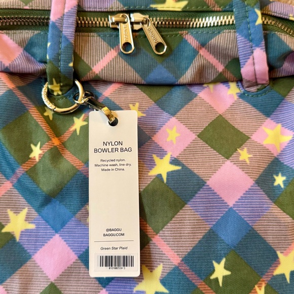 NWT BAGGU Nylon Bowler Bag Green Star Plaid - Picture 6 of 11